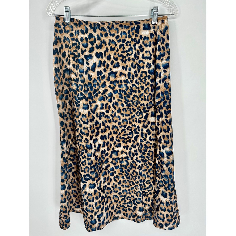 Lulus Blue Tan Leopard Print Satin Midi Skirt Size Medium Animal Pattern Slit